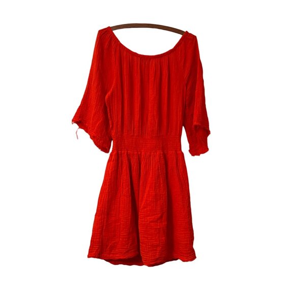 Michael Stars Red Fernanda Smocked Waist Off Shoulder Gauzy Dress Size Large - Picture 5 of 6